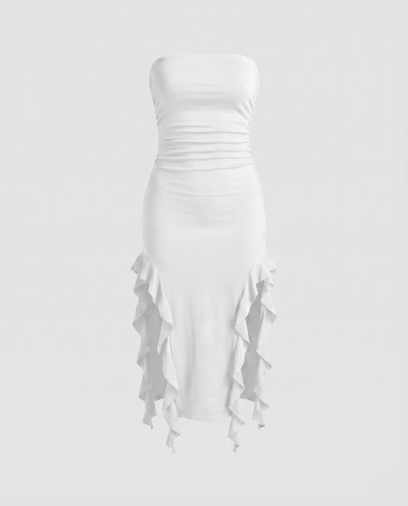Damen Midikleid Trägerlos Seitliche Volants Raffung