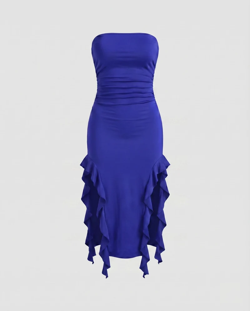 Damen Midikleid Trägerlos Seitliche Volants Raffung