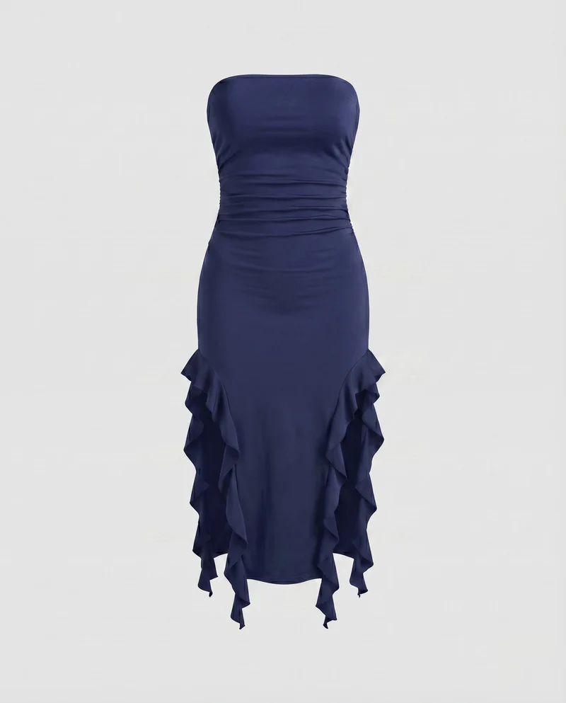 Damen Midikleid Trägerlos Seitliche Volants Raffung