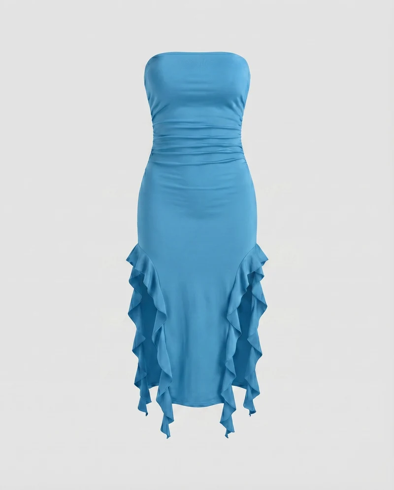 Damen Midikleid Trägerlos Seitliche Volants Raffung