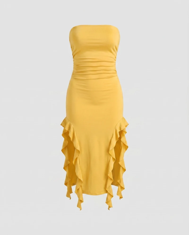 Damen Midikleid Trägerlos Seitliche Volants Raffung