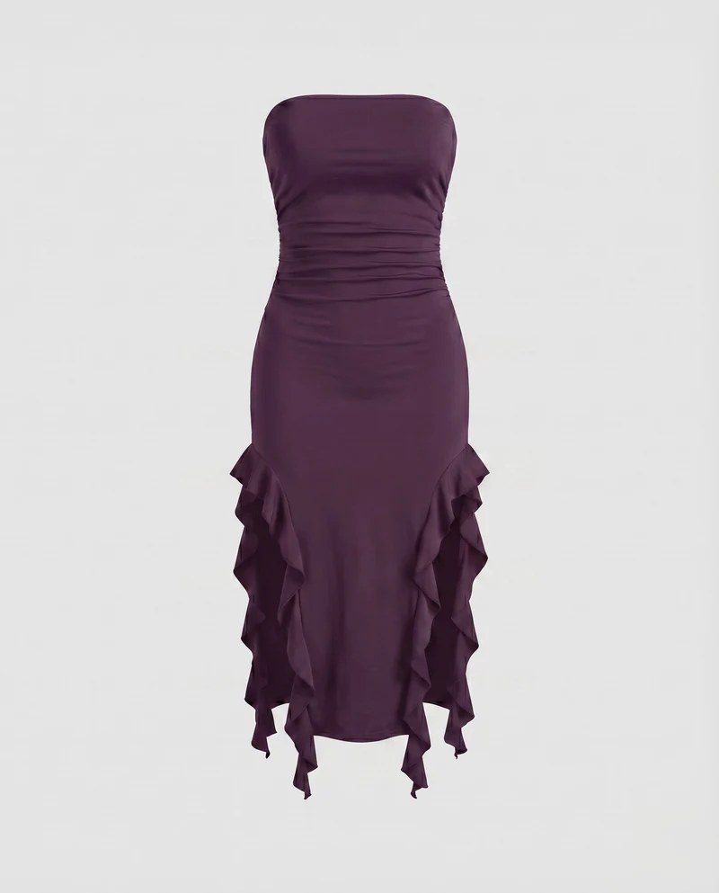 Damen Midikleid Trägerlos Seitliche Volants Raffung