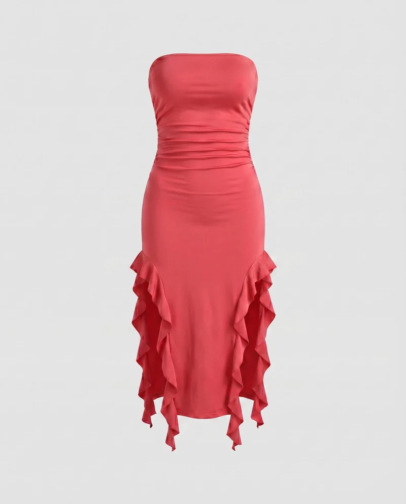 Damen Midikleid Trägerlos Seitliche Volants Raffung