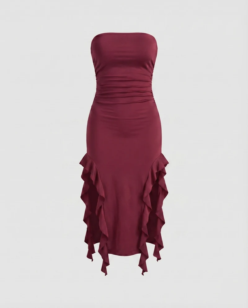 Damen Midikleid Trägerlos Seitliche Volants Raffung