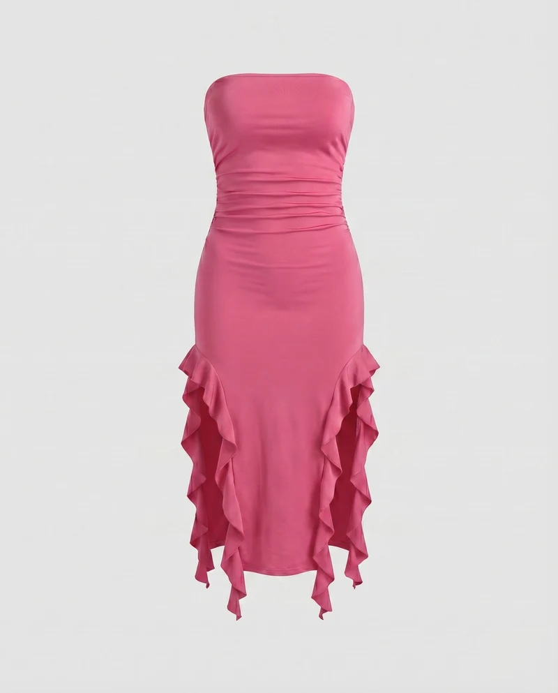 Damen Midikleid Trägerlos Seitliche Volants Raffung