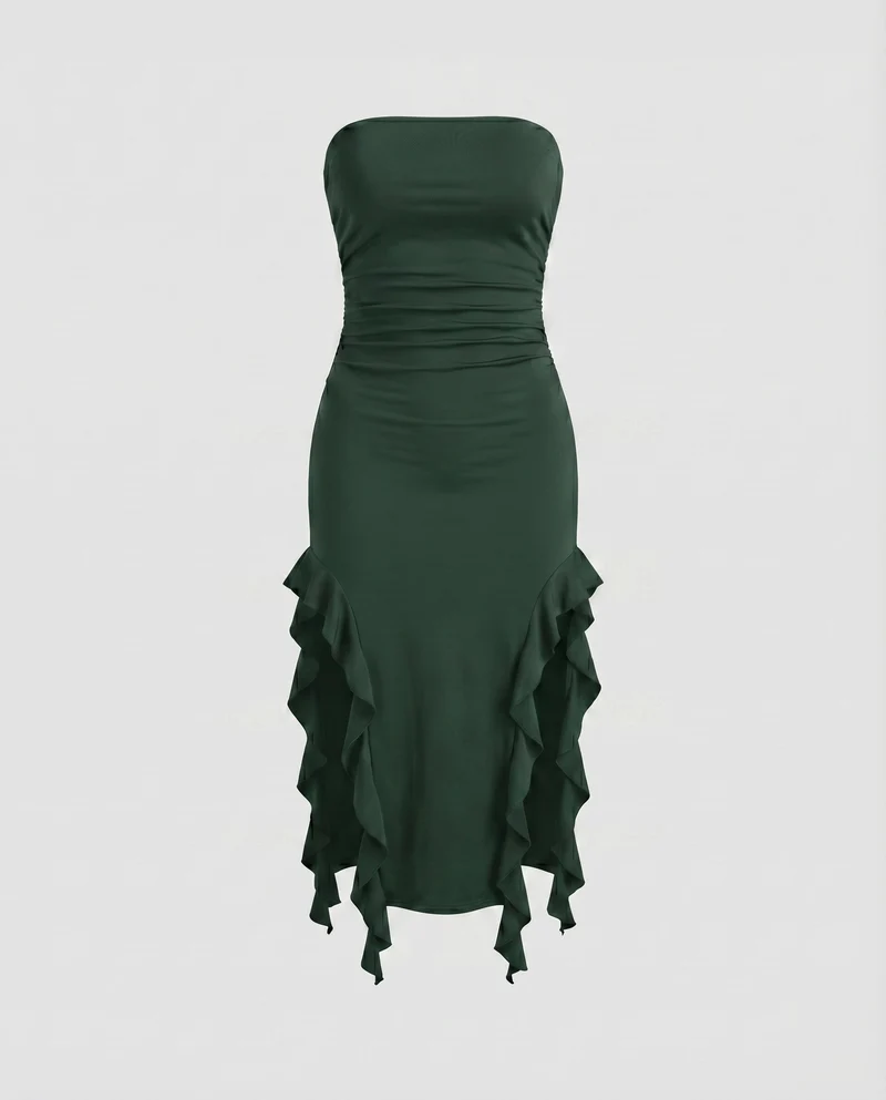 Damen Midikleid Trägerlos Seitliche Volants Raffung