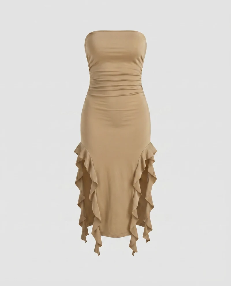 Damen Midikleid Trägerlos Seitliche Volants Raffung