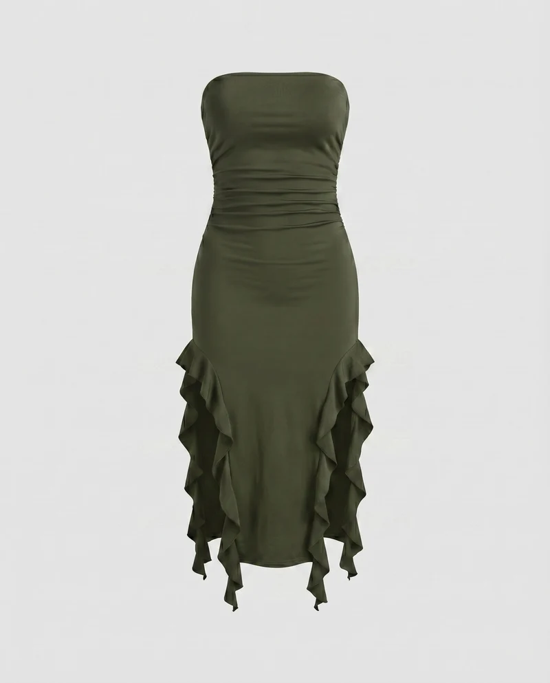 Damen Midikleid Trägerlos Seitliche Volants Raffung