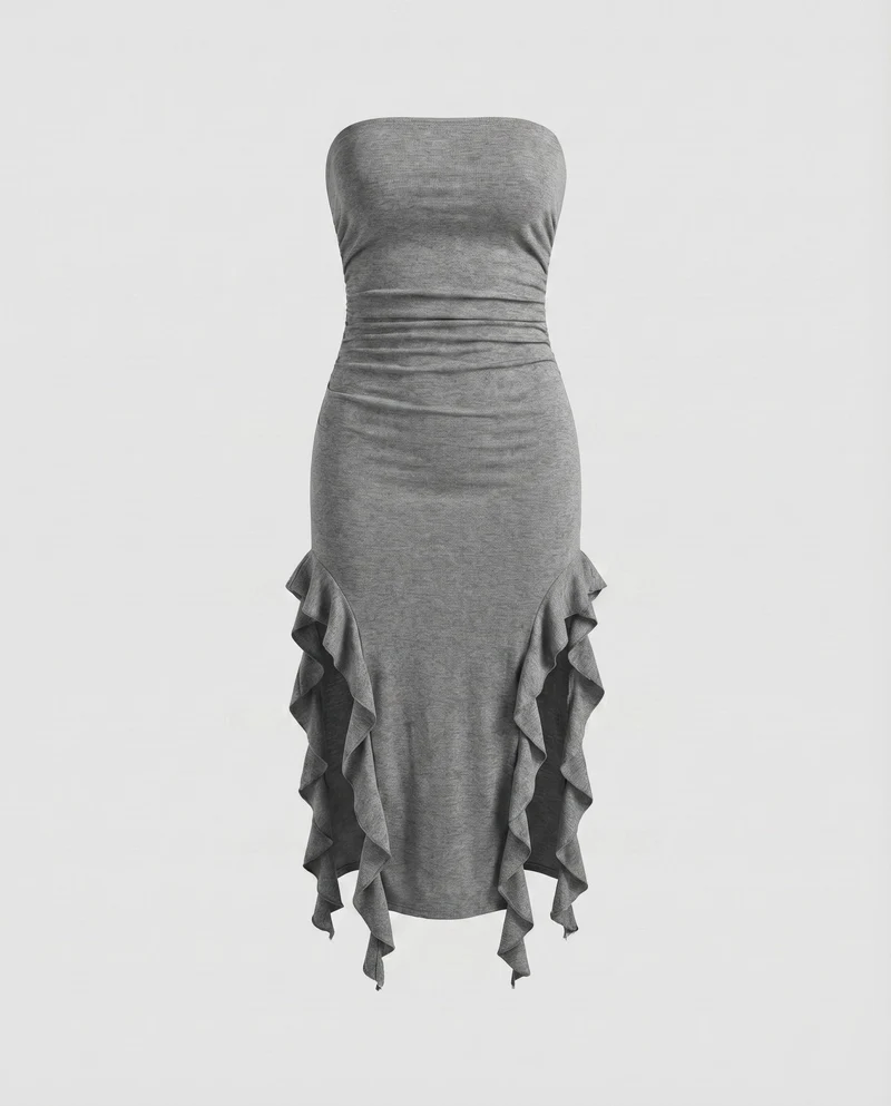 Damen Midikleid Trägerlos Seitliche Volants Raffung