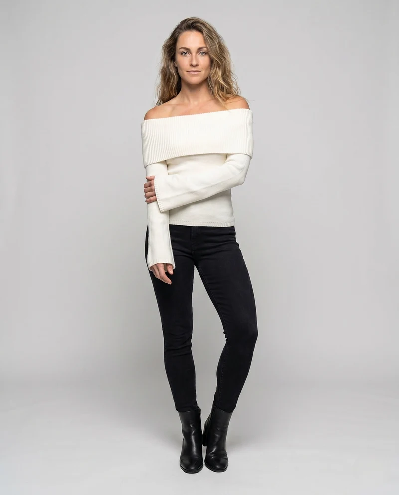 Damen Off-Shoulder Strickoberteil mit breitem Bund und langen Ärmeln