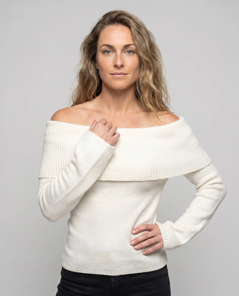 Damen Off-Shoulder Strickoberteil mit breitem Bund und langen Ärmeln
