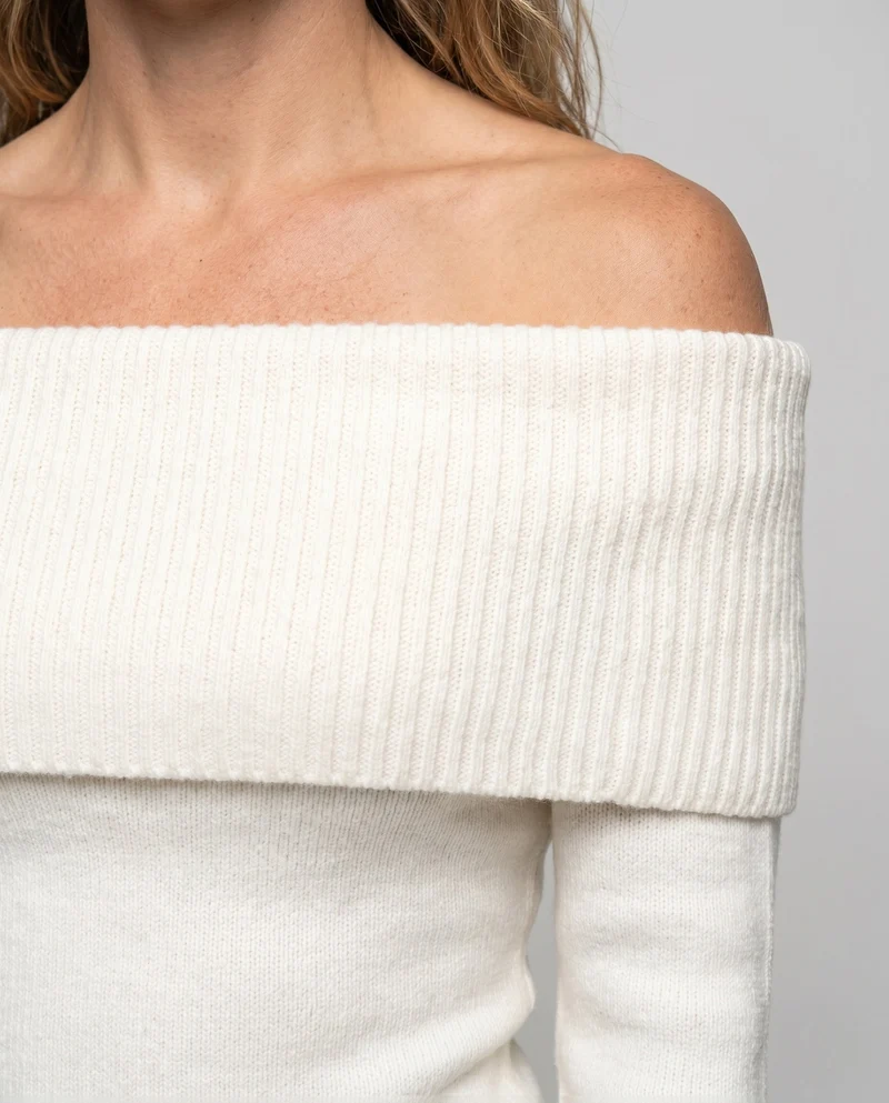 Damen Off-Shoulder Strickoberteil mit breitem Bund und langen Ärmeln