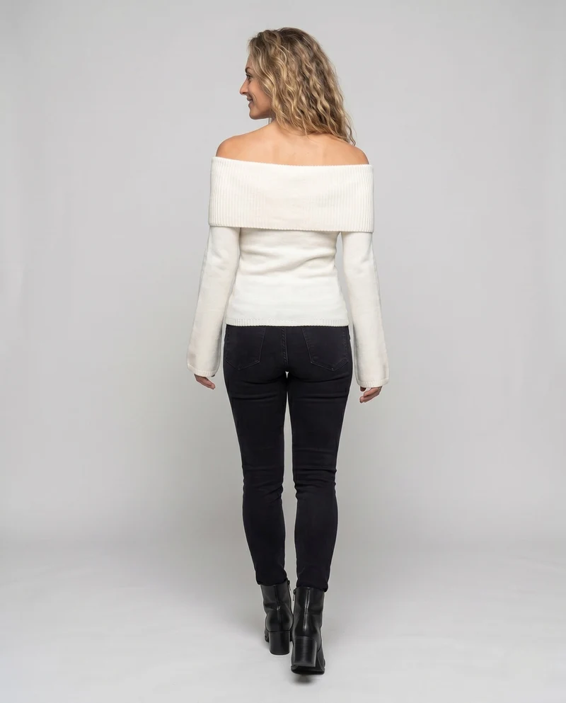 Damen Off-Shoulder Strickoberteil mit breitem Bund und langen Ärmeln