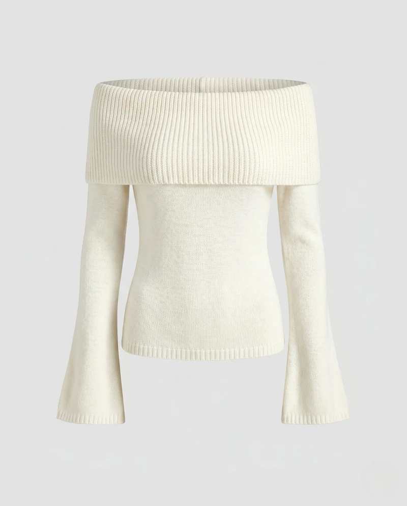 Damen Off-Shoulder Strickoberteil mit breitem Bund und langen Ärmeln