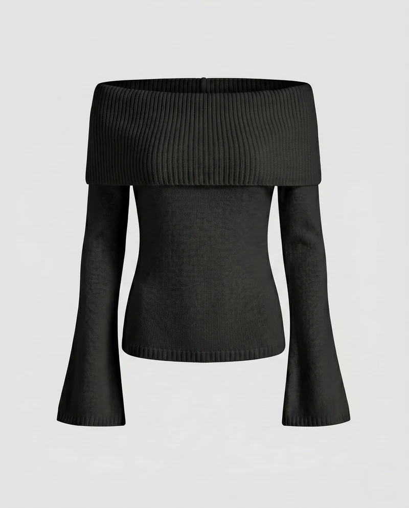 Damen Off-Shoulder Strickoberteil mit breitem Bund und langen Ärmeln
