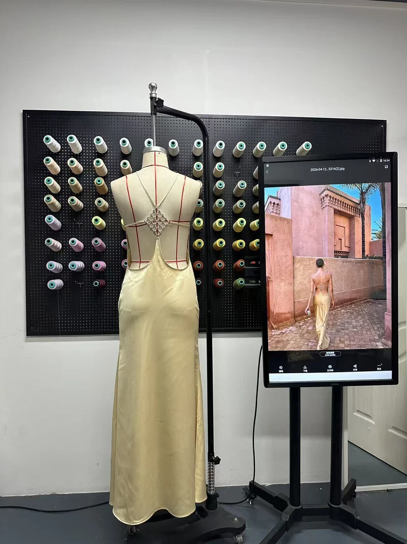 Damen elegantes Maxikleid mit raffiniertem Rückenausschnitt und schimmerndem Material Nord Taschen