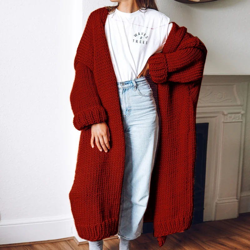 Damen Langärmeliger Grobstrick Cardigan Nord Taschen
