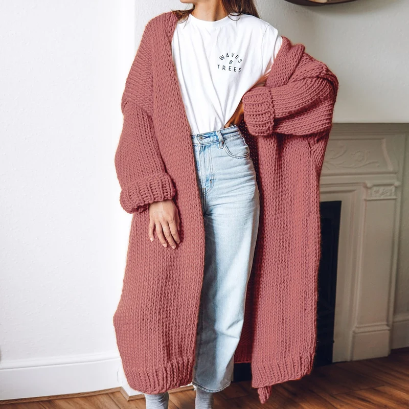 Damen Langärmeliger Grobstrick Cardigan Nord Taschen