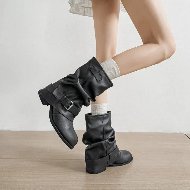 Damen Modische Stiefeletten mit lässigem Falten-Design und eleganter Schnallenverzierung Nord Taschen