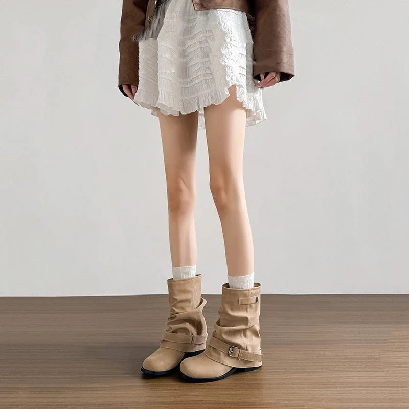Damen Modische Stiefeletten mit lässigem Falten-Design und eleganter Schnallenverzierung Nord Taschen