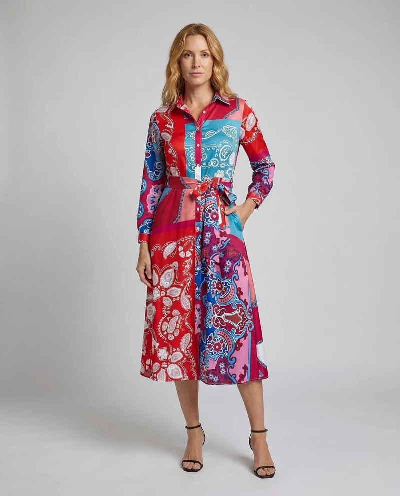 Damen Maxikleid mit modernem Paisleymuster und bindbarem Taillengürtel