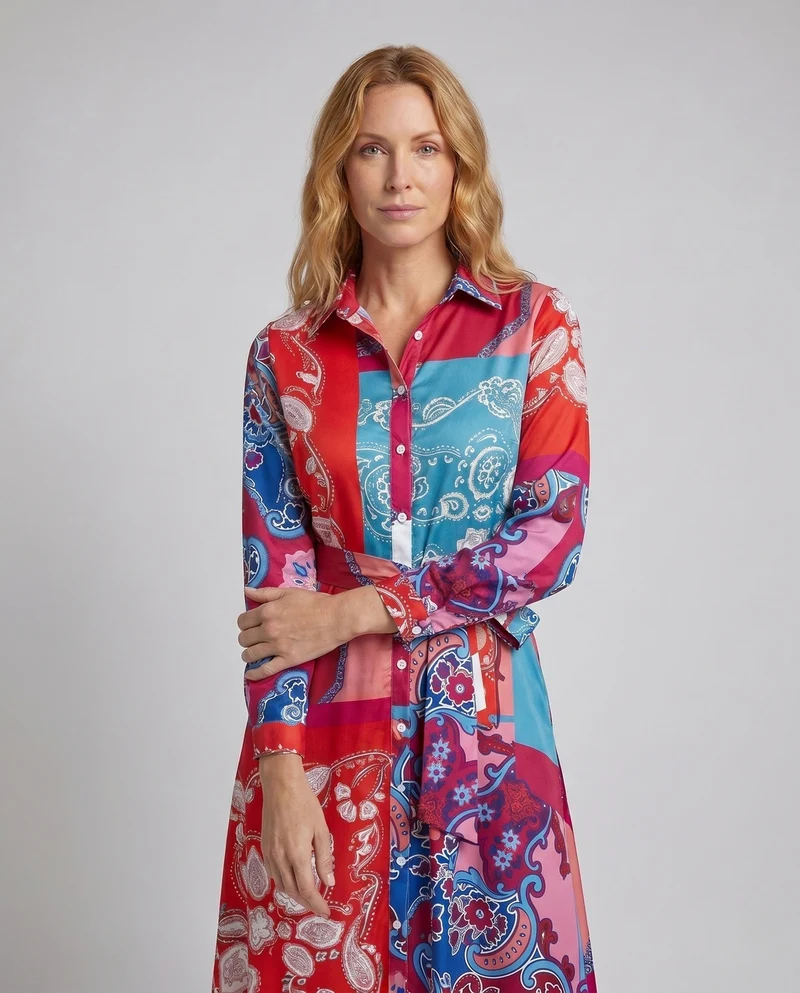 Damen Maxikleid mit modernem Paisleymuster und bindbarem Taillengürtel