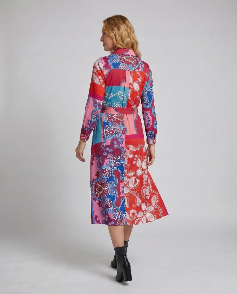 Damen Maxikleid mit modernem Paisleymuster und bindbarem Taillengürtel