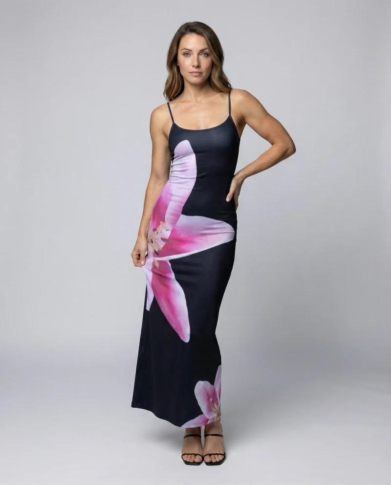 Damen Grafische Seitlicher Orchideenprint MischgewNord Taschene Maxikleid