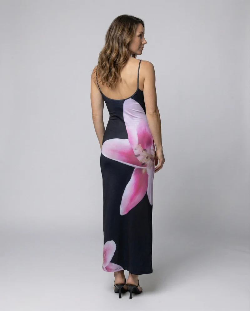 Damen Grafische Seitlicher Orchideenprint MischgewNord Taschene Maxikleid