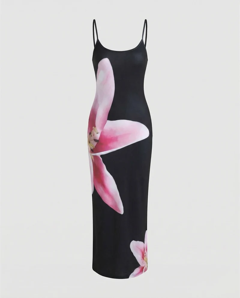 Damen Grafische Seitlicher Orchideenprint MischgewNord Taschene Maxikleid