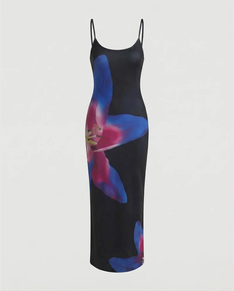 Damen Grafische Seitlicher Orchideenprint MischgewNord Taschene Maxikleid