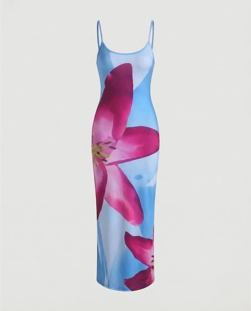 Damen Grafische Seitlicher Orchideenprint MischgewNord Taschene Maxikleid