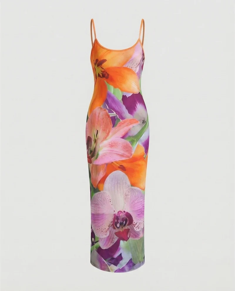 Damen Grafische Seitlicher Orchideenprint MischgewNord Taschene Maxikleid
