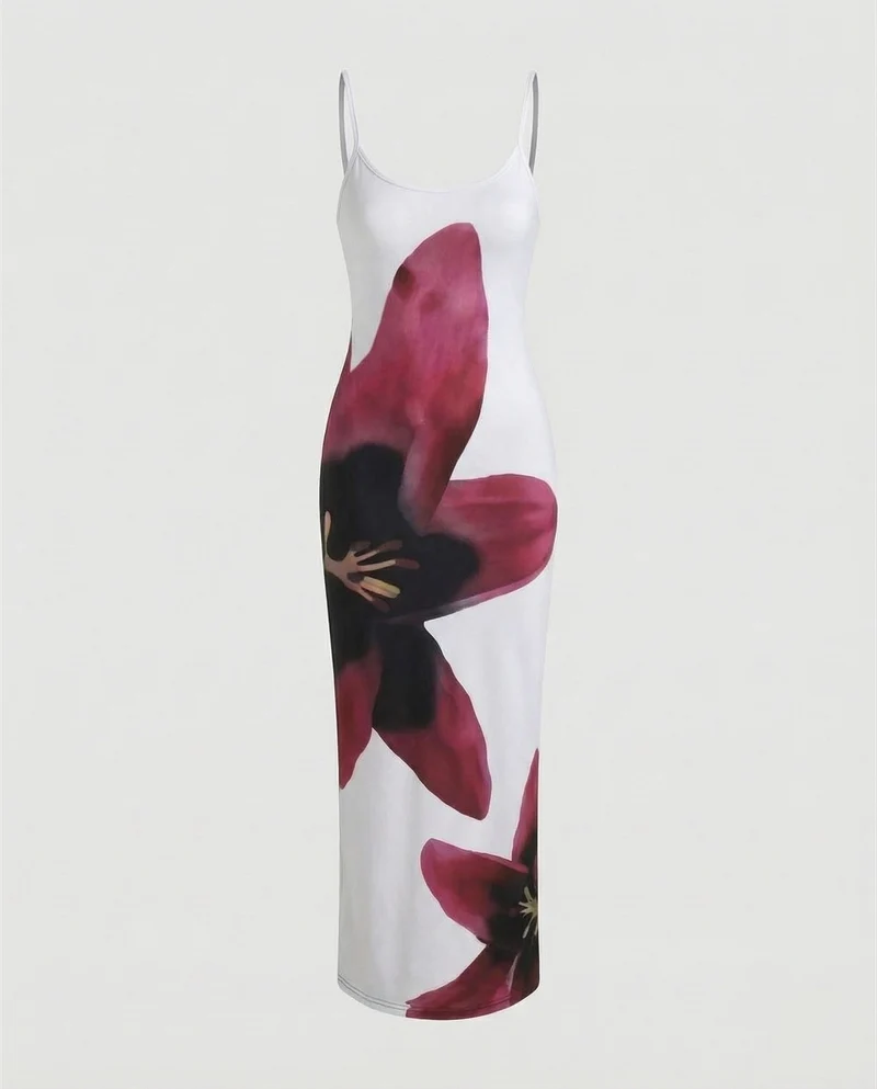 Damen Grafische Seitlicher Orchideenprint MischgewNord Taschene Maxikleid
