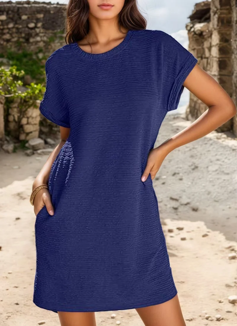 Damen lässiges Minikleid mit strukturiertem Stoff und umschlagbaren Ärmeln