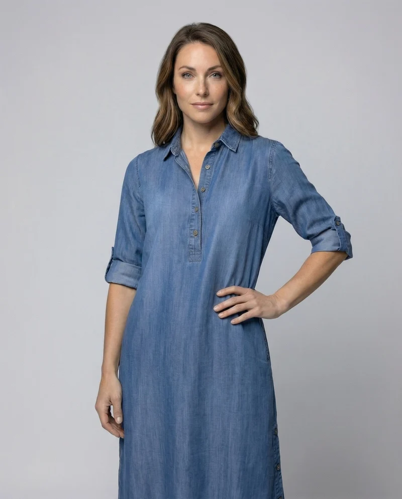 Damen Hemdkleid Maxilänge Seitenschlitze
