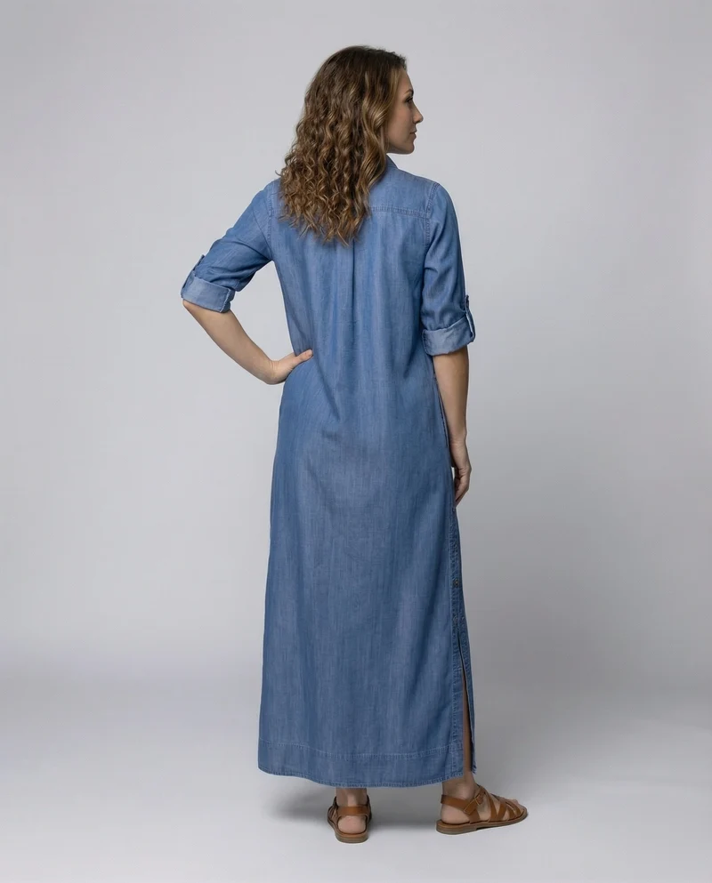 Damen Hemdkleid Maxilänge Seitenschlitze