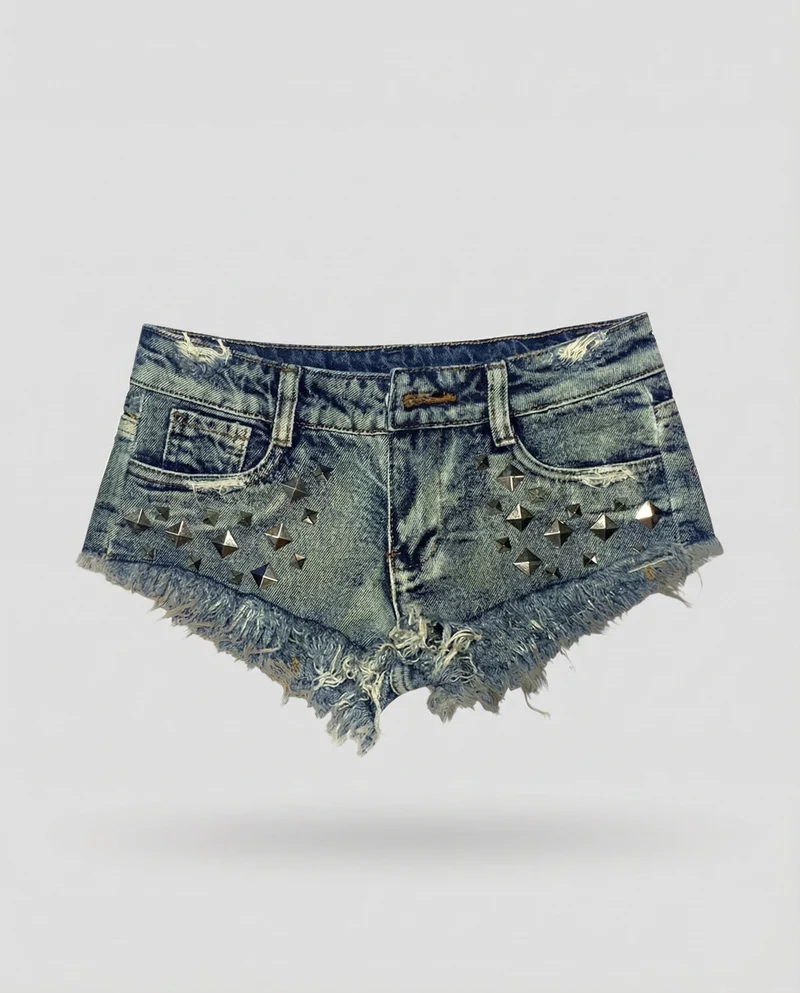Damen Denim Shorts Nieten Fransen
