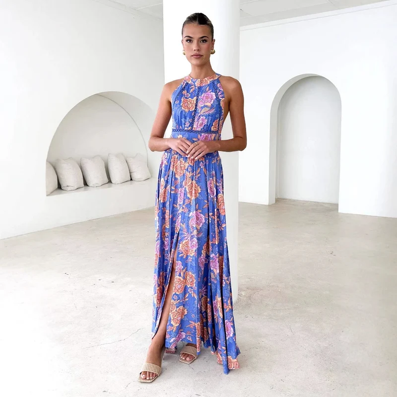 Damen Maxikleid mit elegantem floralem Design und schwingendem Rock
