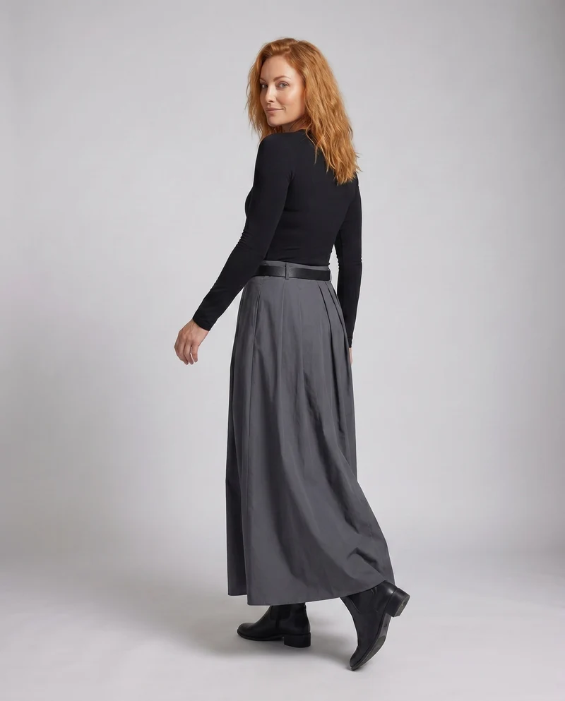 Damen Plissierter Maxi Rock mit Gürtel