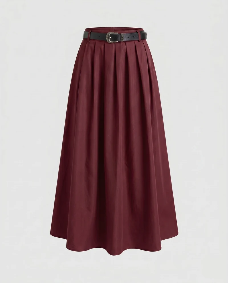 Damen Plissierter Maxi Rock mit Gürtel