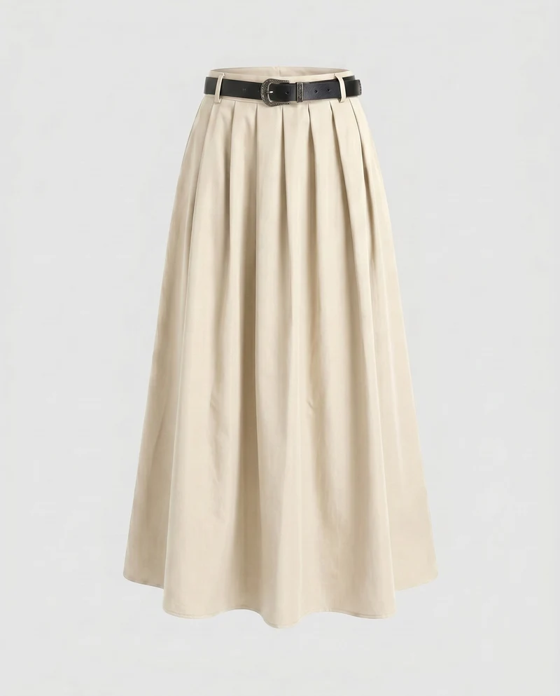 Damen Plissierter Maxi Rock mit Gürtel