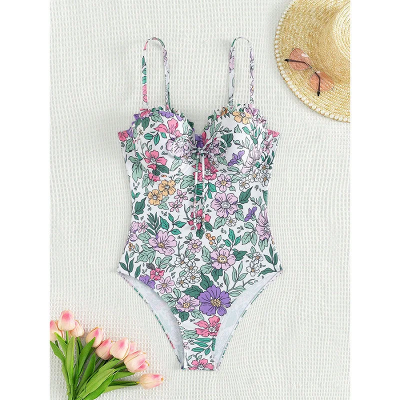 Damen Einteiliger Badeanzug mit floralem Design und traumhaftem Ausschnitt
