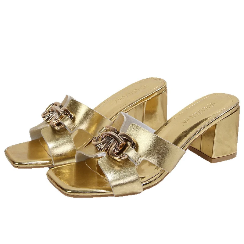 Damen Glamouröse Sandalen mit glänzenden Metall-Details und blockförmigem Absatz