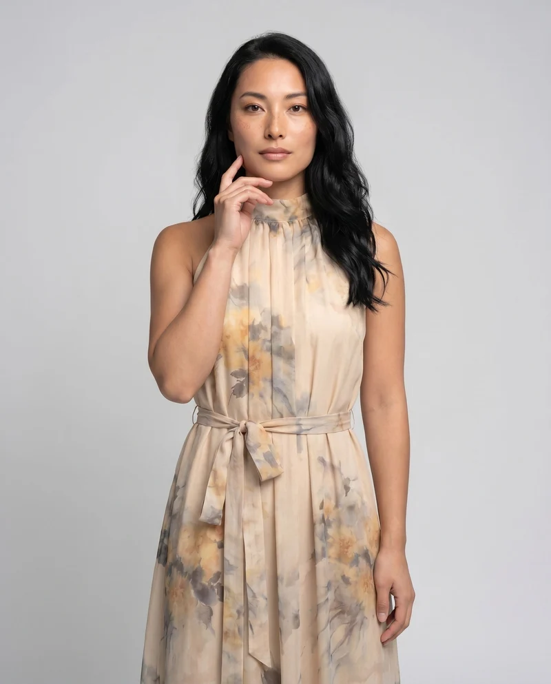 Damen Maxi-Kleid mit floralen Akzenten und elegantem Halterkragen