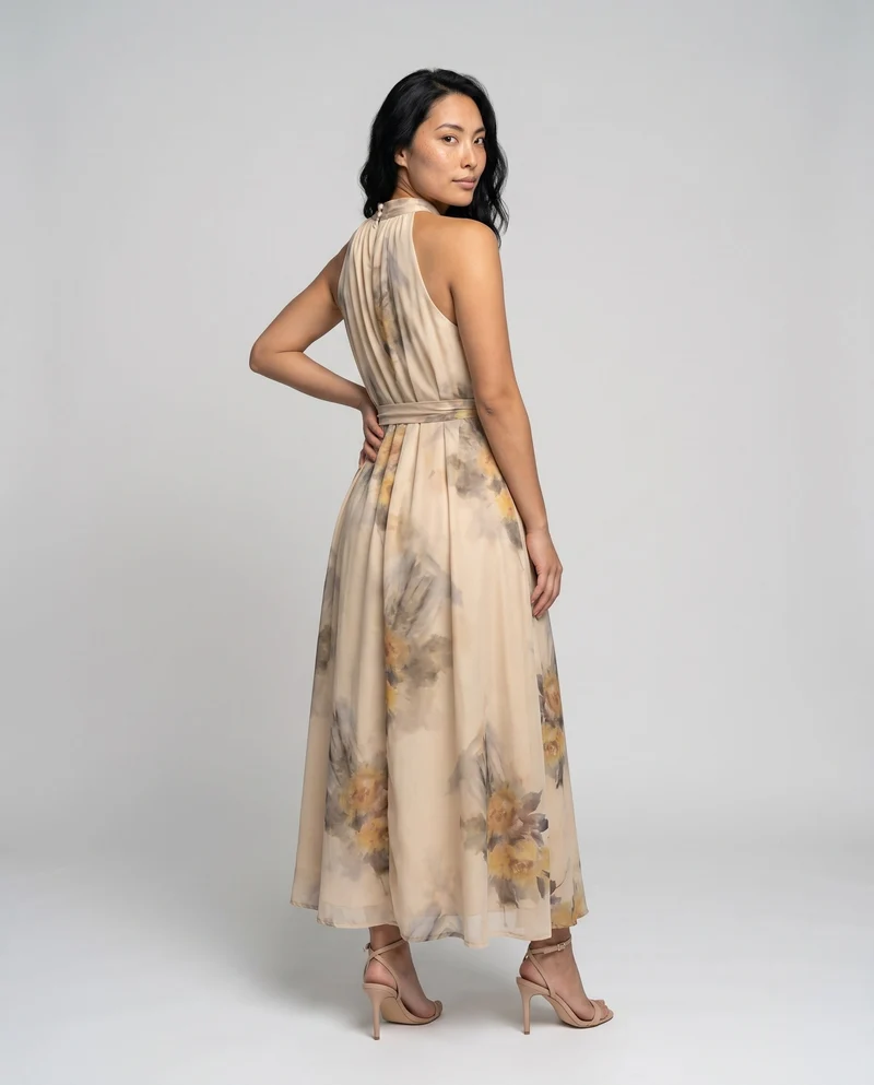 Damen Maxi-Kleid mit floralen Akzenten und elegantem Halterkragen