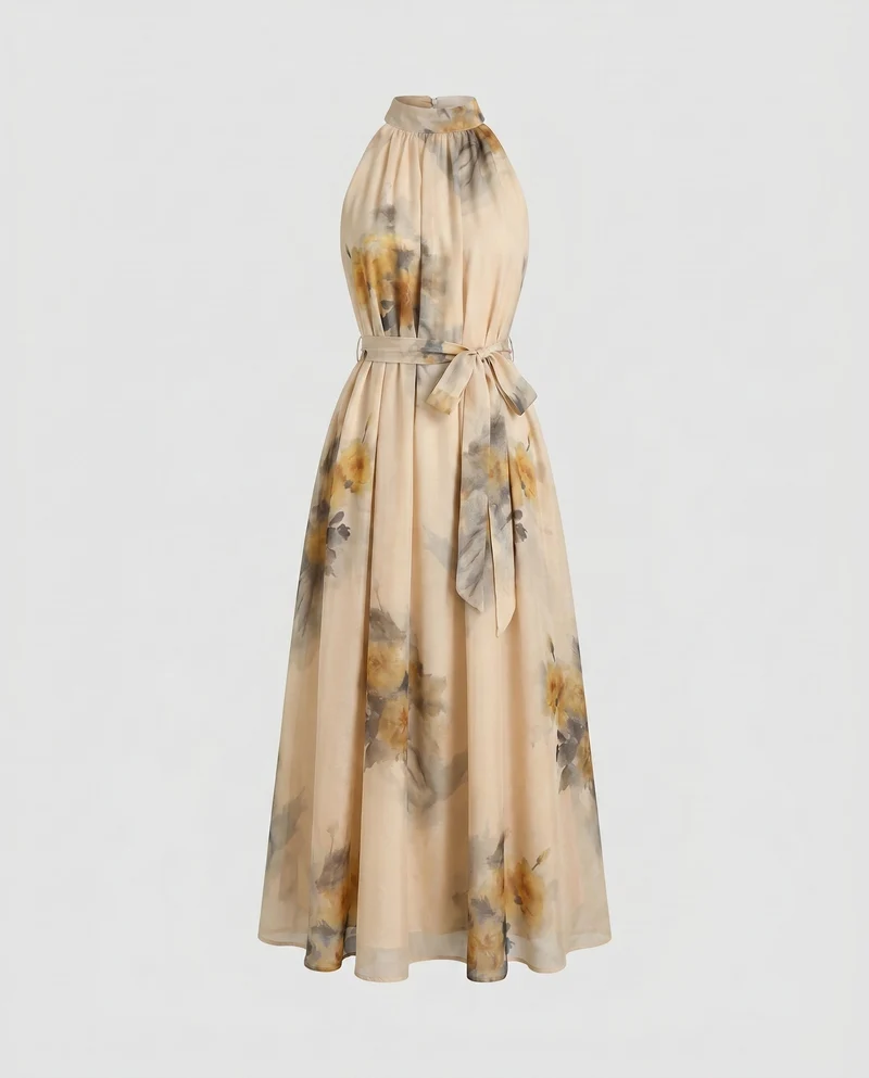 Damen Maxi-Kleid mit floralen Akzenten und elegantem Halterkragen