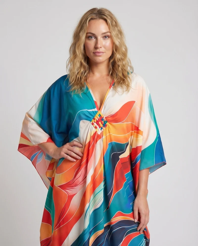 Damen Kaftan-Maxi Kimonoärmel Geflochtene Brustverzierung V-Ausschnitt