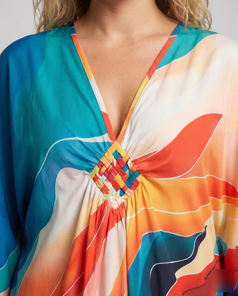 Damen Kaftan-Maxi Kimonoärmel Geflochtene Brustverzierung V-Ausschnitt