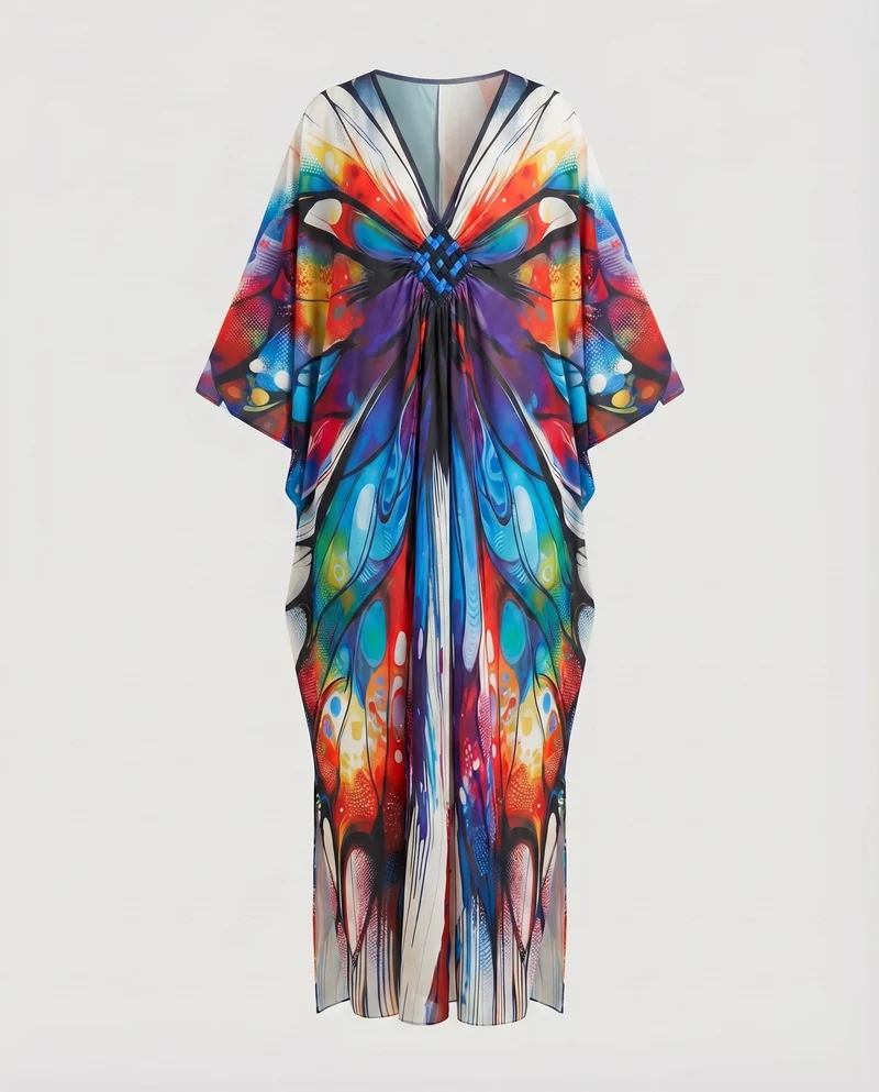 Damen Kaftan-Maxi Kimonoärmel Geflochtene Brustverzierung V-Ausschnitt
